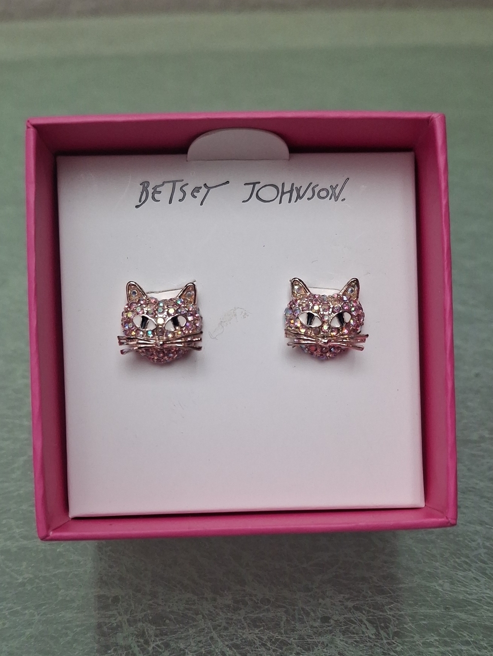Betsey Johnson Pink Cat Crystal Stud Earrings